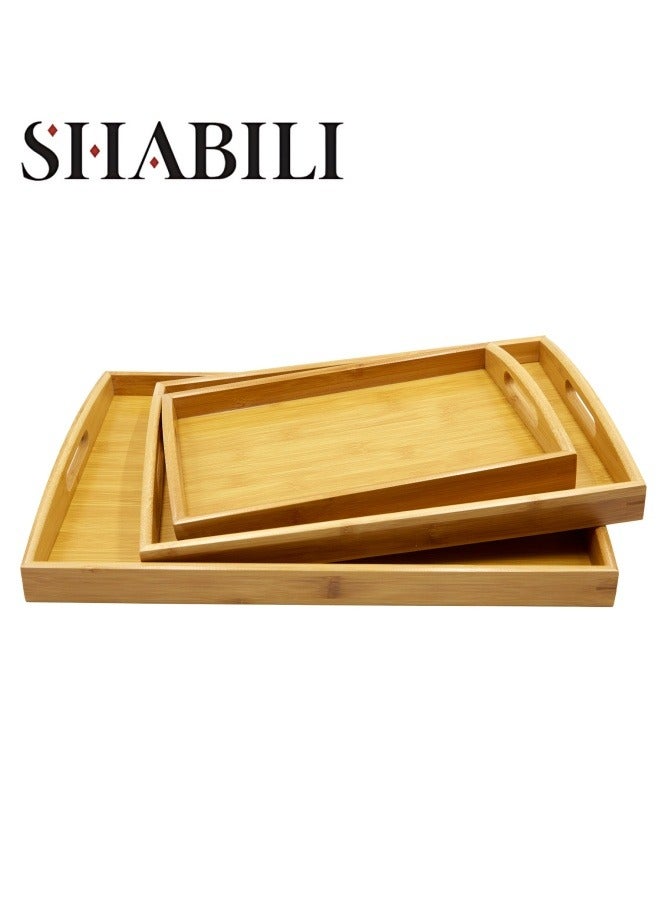 شبيلي صينية الخيزران - مجموعة من 3 صواني تقديم خشبية بمقابض - صينية مستطيلة كبيرة وصغيرة ومتوسطة - صينية خشبية للإفطار للطعام والمطبخ والأماكن الخارجية والمطاعم - Image 1