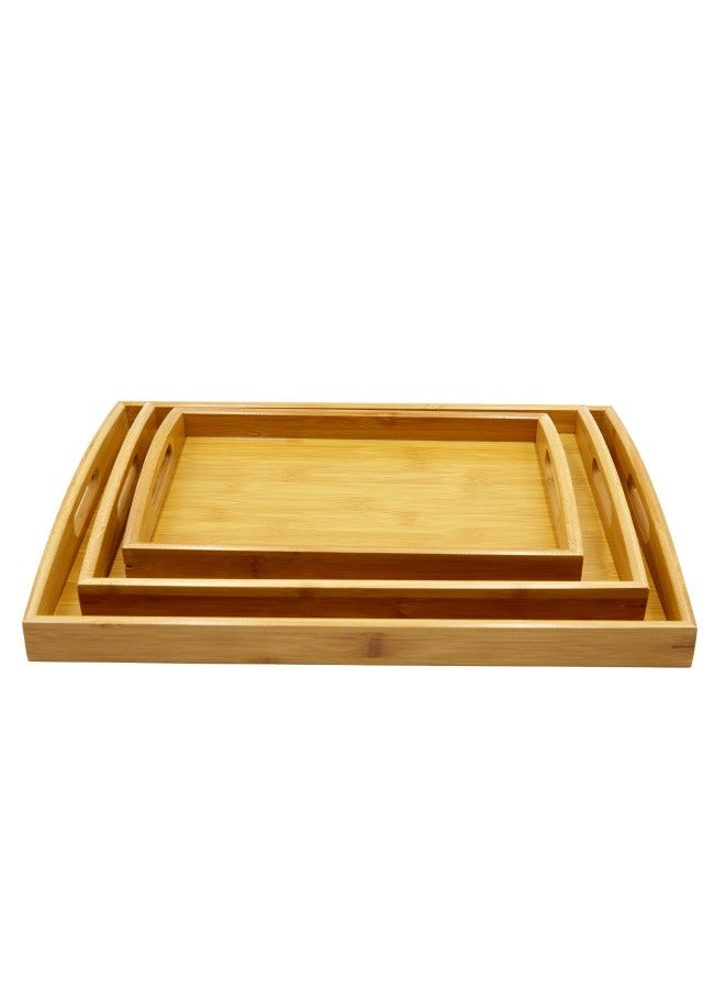 شبيلي صينية الخيزران - مجموعة من 3 صواني تقديم خشبية بمقابض - صينية مستطيلة كبيرة وصغيرة ومتوسطة - صينية خشبية للإفطار للطعام والمطبخ والأماكن الخارجية والمطاعم - Image 2