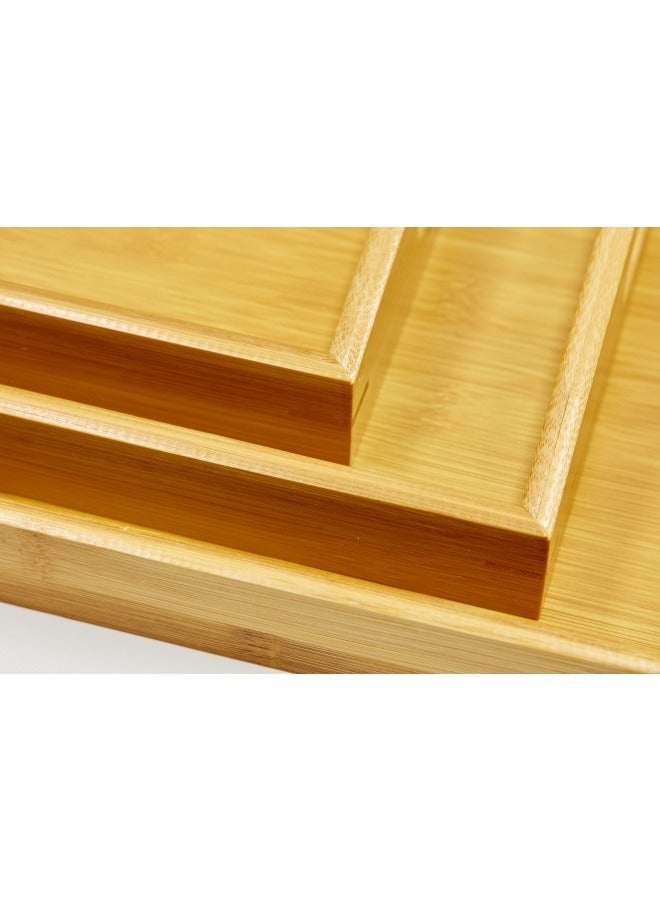 شبيلي صينية الخيزران - مجموعة من 3 صواني تقديم خشبية بمقابض - صينية مستطيلة كبيرة وصغيرة ومتوسطة - صينية خشبية للإفطار للطعام والمطبخ والأماكن الخارجية والمطاعم - Image 3