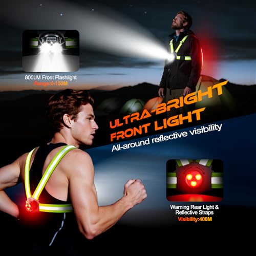 ISEYOU Running Lights for Runners 800LM, 6+2 Modes Running Light with Rear Light, 45°Adjustable Tilt, IPX5 Waterproof Rechargeable Visibility Reflective Vest for Night Walking/Cycling, 4-25Hrs Runtime - Image 2