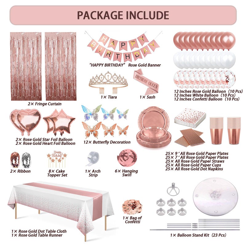 UJoyant 236 Pcs Birthday Decorations For Women, Rose Gold Party Decorations Kit For Girls Or Women - Butterfly, Hanging Swirl, Balloon Stand, Sash, Tiara, Banner, Balloon, Tableware For 25 Guest - Image 2