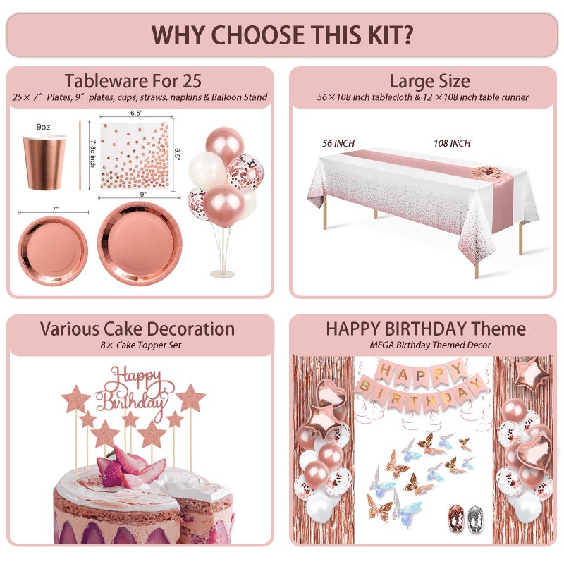 UJoyant 236 Pcs Birthday Decorations For Women, Rose Gold Party Decorations Kit For Girls Or Women - Butterfly, Hanging Swirl, Balloon Stand, Sash, Tiara, Banner, Balloon, Tableware For 25 Guest - Image 5