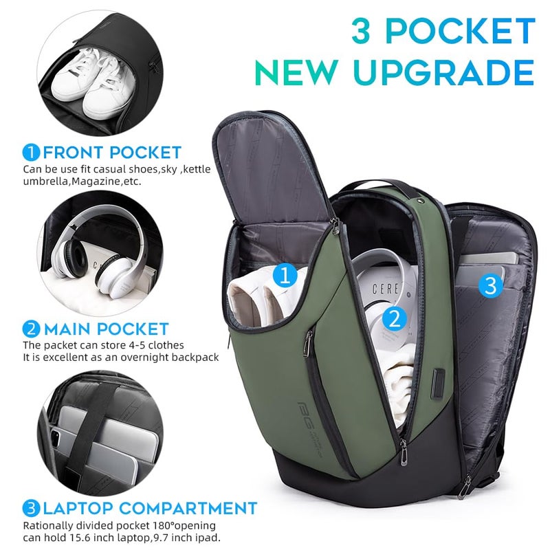 BANGE Business Smart Backpack Waterproof fit 15.6 Inch Laptop Backpack with USB Charging Port,Travel Durable Backpack (Green(three Pocket) - Image 2