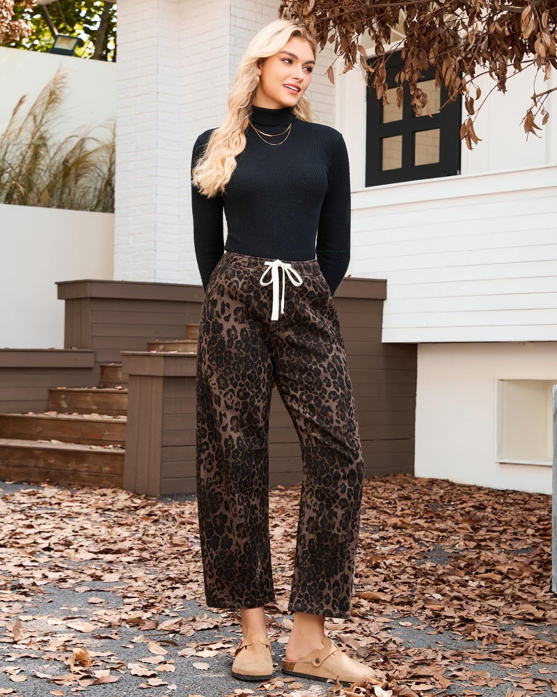 GRAPENT High Waisted Wide Leg Jeans for Women Womans Jeans Brown Barrel Brown Pants Women Leopard Pants Comfy for Womens Barrel Leopard Size X-Small US 0 to 2 - Image 4