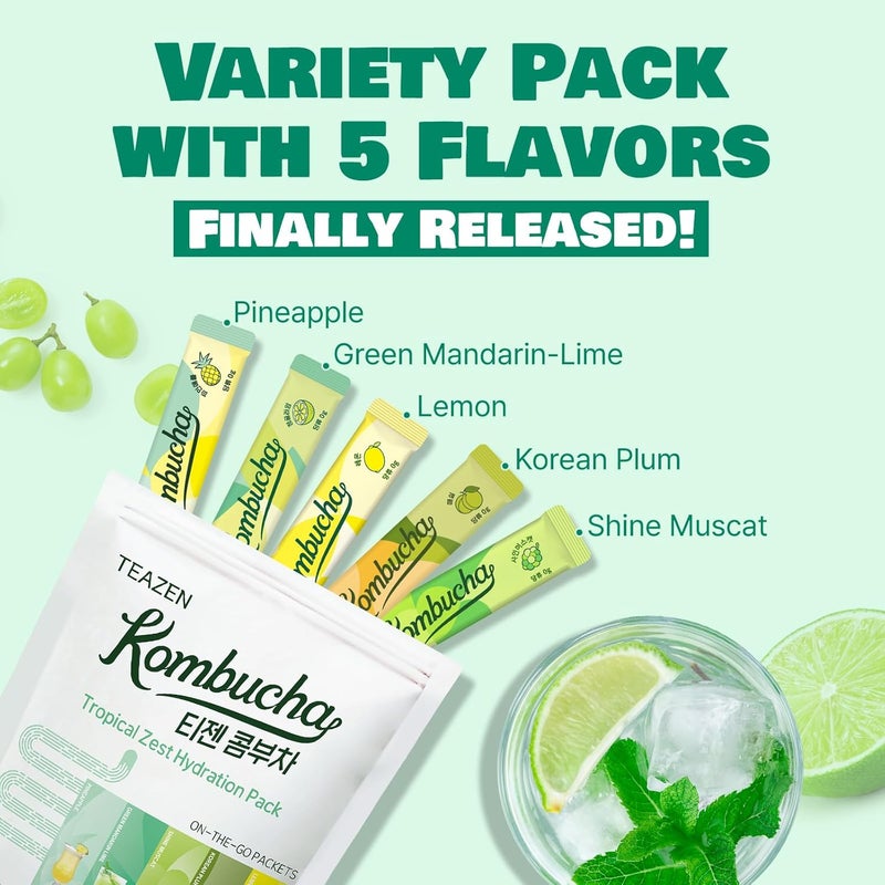 TEAZEN Kombucha Tea Tropical Zest Hydration Variety Pack - 20 Sticks with 5 Refreshing Flavors - Image 4