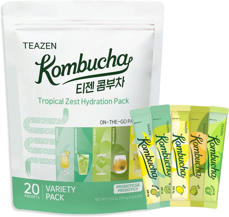 TEAZEN Kombucha Tea Tropical Zest Hydration Variety Pack - 20 Sticks with 5 Refreshing Flavors - Image 1