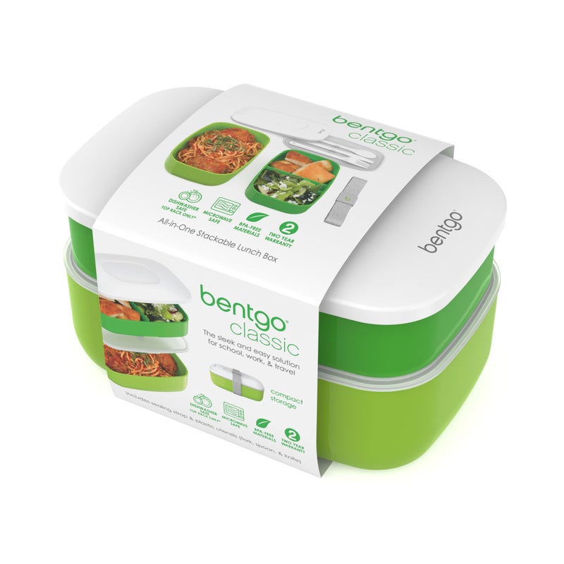 Bentgo Classic - Adult Bento Box  All-in-One Stackable Lunch Box Container with 3 Compartments  Plastic Utensils  and Nylon Sealing Strap  BPA Free Food Container (Green) - Image 3