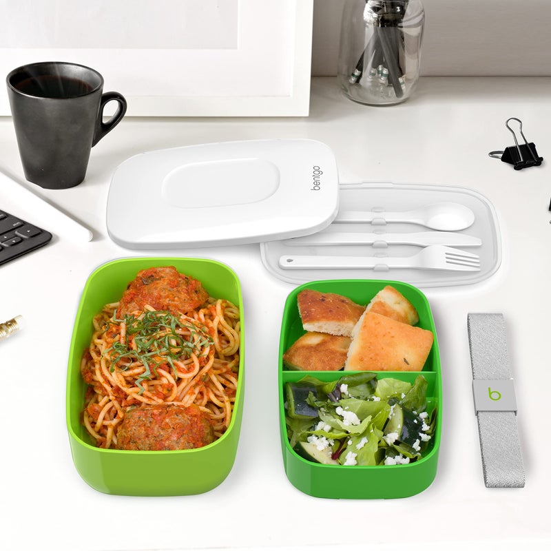 Bentgo Classic - Adult Bento Box  All-in-One Stackable Lunch Box Container with 3 Compartments  Plastic Utensils  and Nylon Sealing Strap  BPA Free Food Container (Green) - Image 4