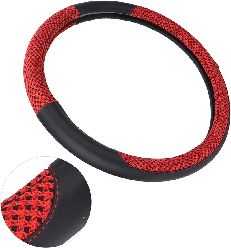 15in Car Steering Wheel Cover, Artificial Leather Steering Wheel Protector with Anti Slip Grid and Ice Silk Mesh for Universal Fit 14.5 to 15in Diameter (Red) - Image 4