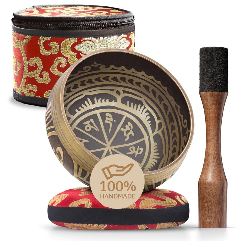 Handmade Tibetan Etched Singing Bowl Set with Case Meditation Bowl Sound Bowl with Cushion Mallet Guide Portable Sound Therapy Tool Sound Bath Accessories Mindfulness Gift Ideas