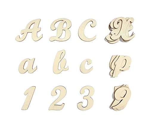 2 Inch 458 Pcs Wooden Cursive Letters Numbers Crafts Unfinished Wood Alphabet Letters ABCs Numbers 09 with Extras for Wall Decor