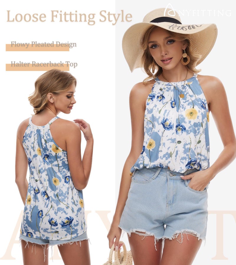 ANYFITTING Halter Tank Top with Built in Bra Cup for Women Padded Camisole Shirt Loose Fit Casual Flowy Sleevless Summer Top Blue Print L - Image 3