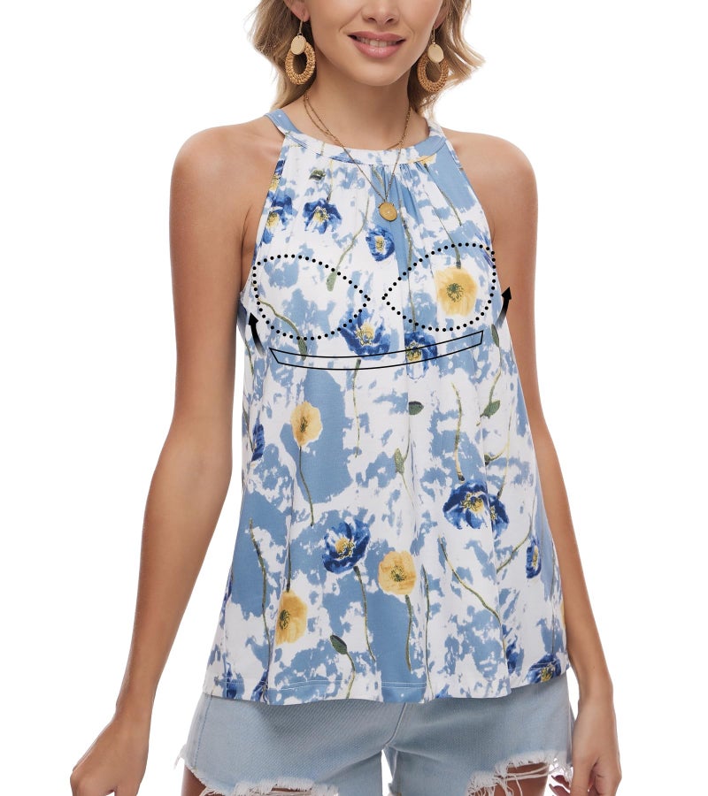 ANYFITTING Halter Tank Top with Built in Bra Cup for Women Padded Camisole Shirt Loose Fit Casual Flowy Sleevless Summer Top Blue Print L - Image 1