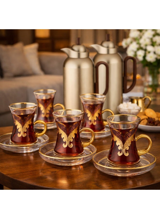 byblos Luxurious glass teacups with gold saucers – an elegant Turkish tea set with a luxurious design for majlis and hospitality ☕✨ - Image 1