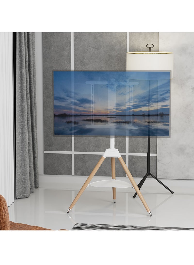FlashHawk Rotating 180° Floor TV Stand with Storage Base, Height Adjustable Wood Tripod TV Mount for 32-65 Inch Screens, Holds 35kg, VESA 400x400, Anti-Tip Safety Strap for Living Room/Office White  - Image 2