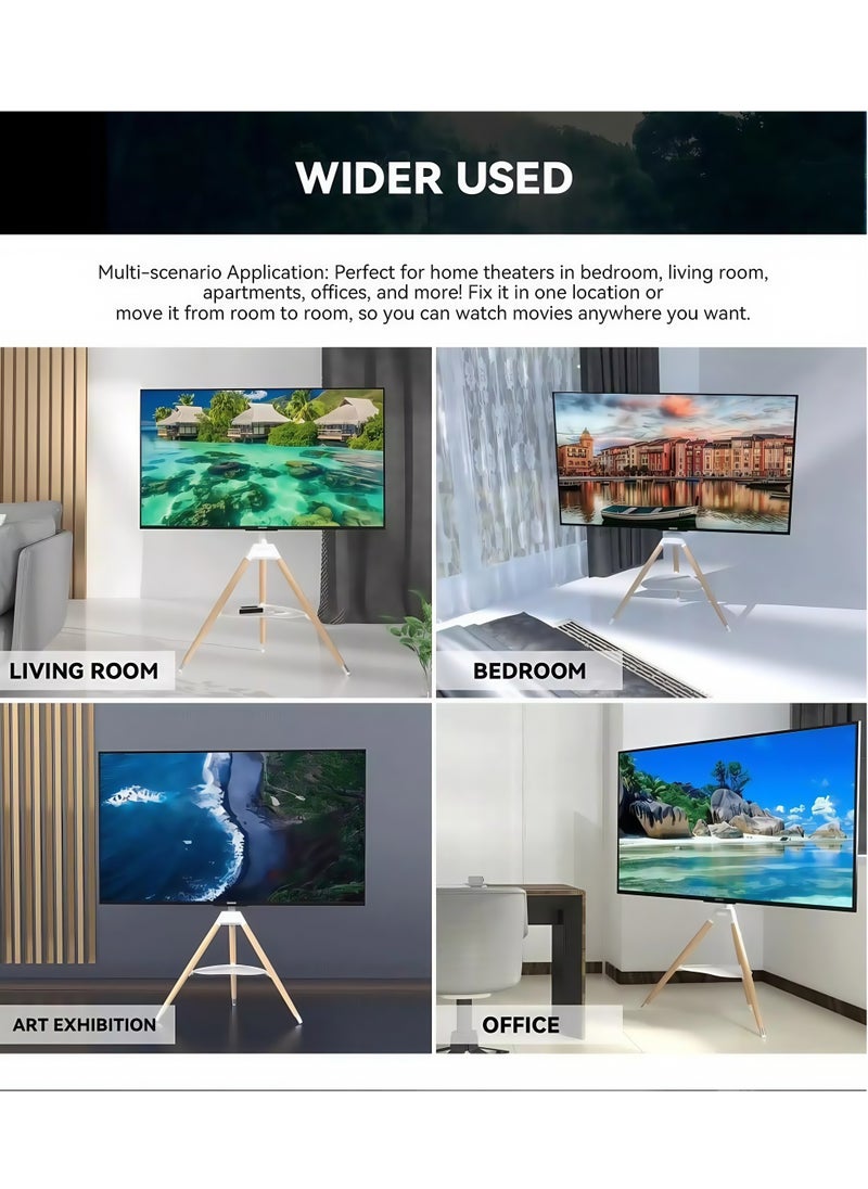 FlashHawk Rotating 180° Floor TV Stand with Storage Base, Height Adjustable Wood Tripod TV Mount for 32-65 Inch Screens, Holds 35kg, VESA 400x400, Anti-Tip Safety Strap for Living Room/Office White  - Image 5