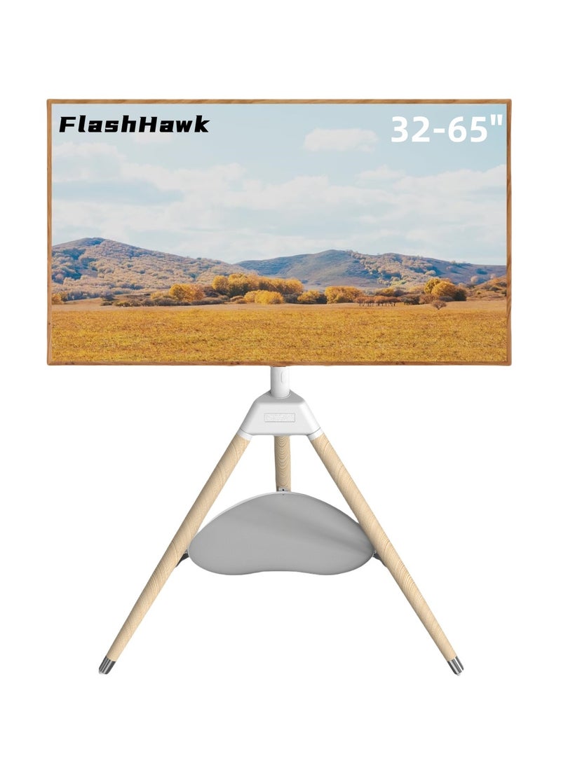 FlashHawk Rotating 180° Floor TV Stand with Storage Base, Height Adjustable Wood Tripod TV Mount for 32-65 Inch Screens, Holds 35kg, VESA 400x400, Anti-Tip Safety Strap for Living Room/Office White  - Image 1