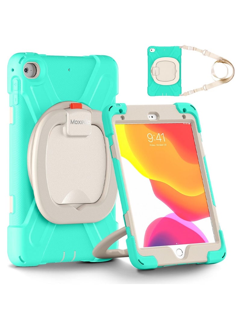 Moxedo Heavy Duty Shockproof Rugged Protective Colorful Case with 360 Rotating Kickstand and Shoulder Strap for Kids Compatible for iPad Mini 4 / 5 - Mint Green - Image 1