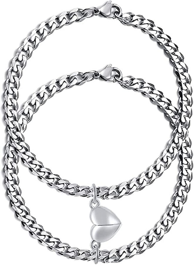 VIEN Couples Magnet Bracelet Stainless Steel Heart shaped Attractive Wristband for Men and Women(SILVER) - Image 1