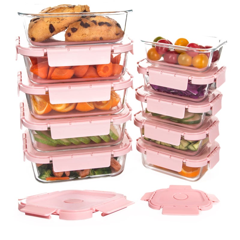 HAKEEMI Glass Meal Prep Containers 10 Pack Food Storage Containers with Snap Locking Lids Airtight Built in Air Vents Glass Containers for Lunch MicrowaveDishwasher Safe Pink