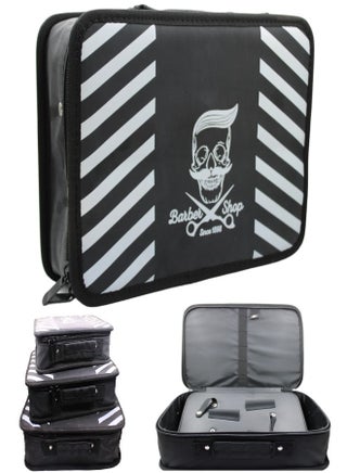 حقيبة أدوات الحلاقة، حقيبة واسعة ومتينة مصممة لتخزين وتنظيم جميع أدوات العناية الشخصية الأساسية. تتميز بحجرات متعددة ومقبض متين.