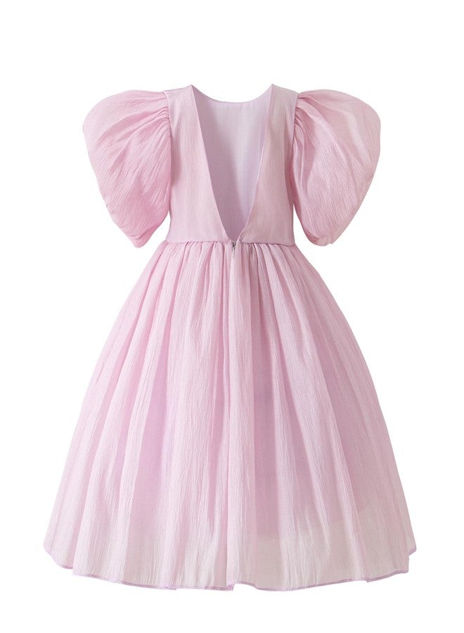 Tutu.kk Toddler Girls Summer Dress Puff Short Sleeve V-Neck Back Dress for Birthday Party Outfits Pink 18-24 Month - Image 3