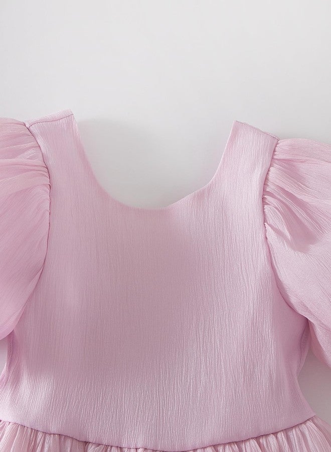 Tutu.kk Toddler Girls Summer Dress Puff Short Sleeve V-Neck Back Dress for Birthday Party Outfits Pink 18-24 Month - Image 4