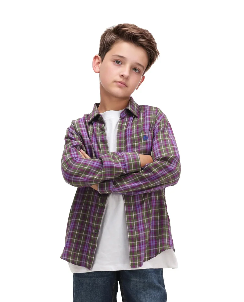 رير ونز Rare Ones Kids Beke Purple Cotton Blend Checked Button Closure Regular Fit Shirt