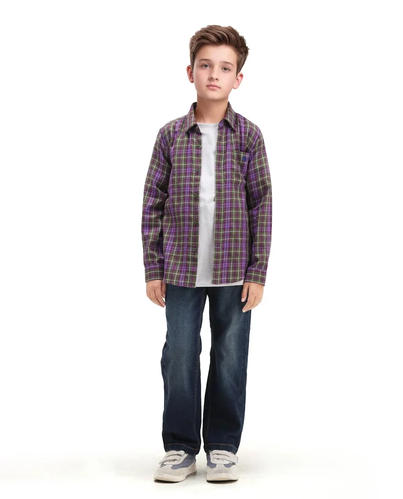 رير ونز Rare Ones Kids Beke Purple Cotton Blend Checked Button Closure Regular Fit Shirt