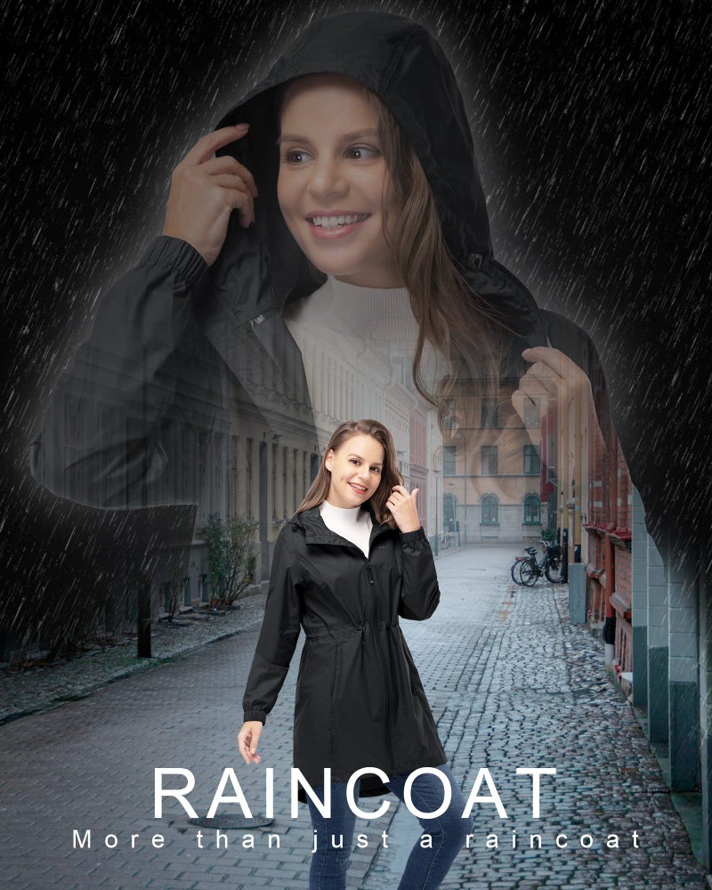 33,000ft Women's Waterproof Long Rain Coats Packable Rain Jacket with Hood Trench Coats Windbreaker - Image 3