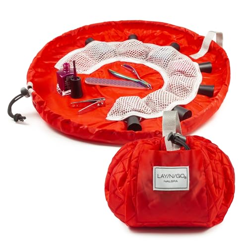 Lay-n-Go NailSpa Drawstring Cosmetic Bag - Portable Nail Supplies Organizer Bag w/ 8 Elastic Mesh Pockets & Circular Center - Durable, Machine Washable Nail Kit Organizer (18", Red) - Image 1