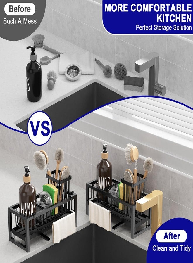 Bntuk Kitchen Sink Caddy Organzier with Towel and Brush Holder, Self-Draining Sponge Holder Caddy for Soap, Scrubber, Towel, Brush, Apartment RV Essential(Black) - Image 4