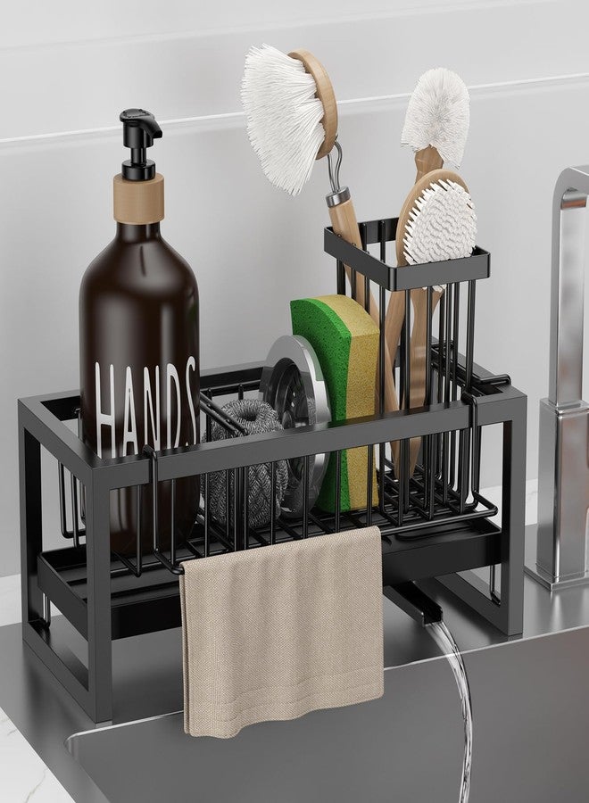 Bntuk Kitchen Sink Caddy Organzier with Towel and Brush Holder, Self-Draining Sponge Holder Caddy for Soap, Scrubber, Towel, Brush, Apartment RV Essential(Black) - Image 1