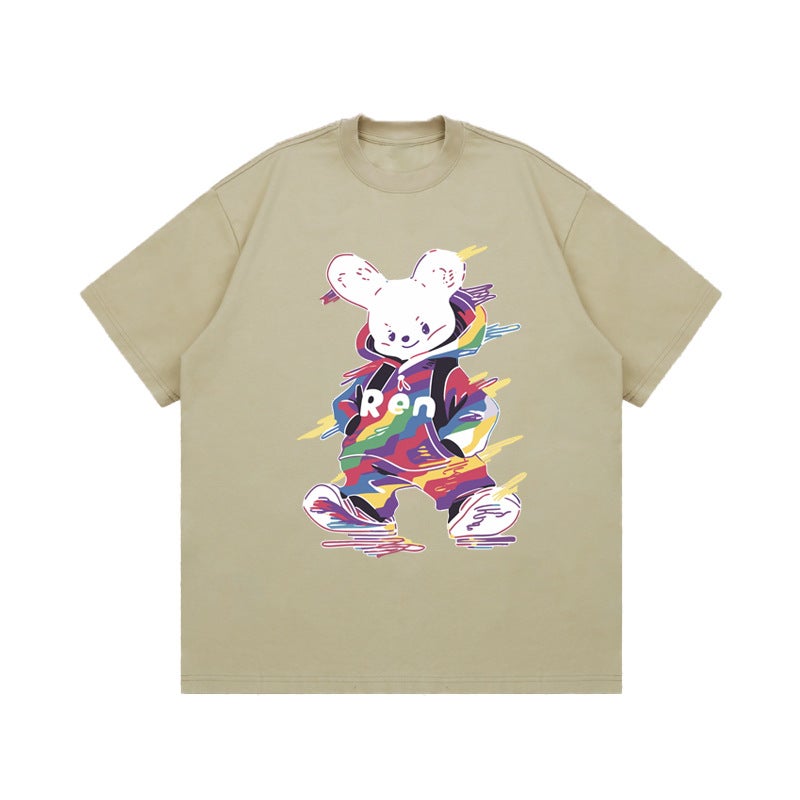 American Retro Hip Hop Rabbit Short-sleeved T-shirt for Men and Women Spring and Summer 2024 New Ins Design Sense Loose Half-sleeved Top - Image 1