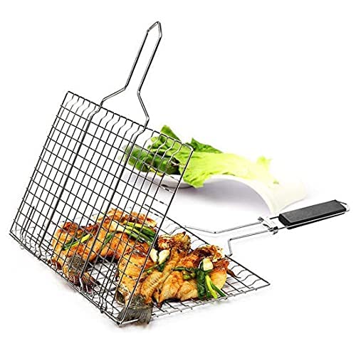 ONPRIX Grill Basket and Grill Rack Portable Folding Stainless Steel Fish Grilling Basket with Removable Handle for Vegetables Steak Grill Rack for Grilling Fish Chicken Meat Steak Vegetables - Image 1