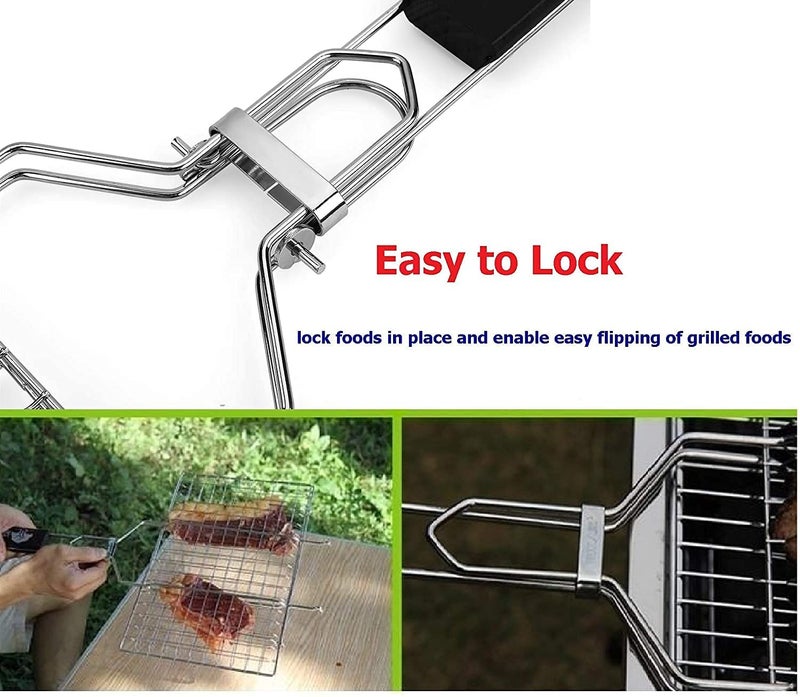 ONPRIX Grill Basket and Grill Rack Portable Folding Stainless Steel Fish Grilling Basket with Removable Handle for Vegetables Steak Grill Rack for Grilling Fish Chicken Meat Steak Vegetables - Image 2