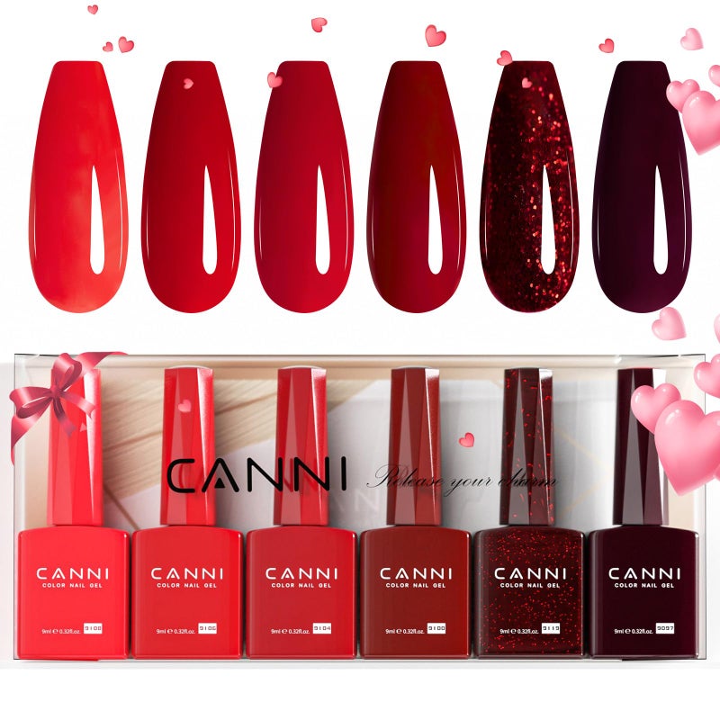 CANNI 6Pcs 9ml Hema-Free Red Gel Nail Polish Set- Dark Red Burgundy Glitter Gel Polish Kit DIY at Home Salon Christmas New Year's Gifts for Girls - Image 1