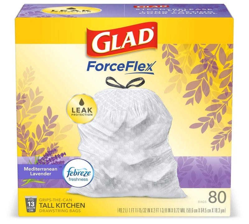 Glad ForceFlex Tall Kitchen Trash Bags, 13 Gallon, Gain Lavender, 80 Count (Package May Vary) - Image 1