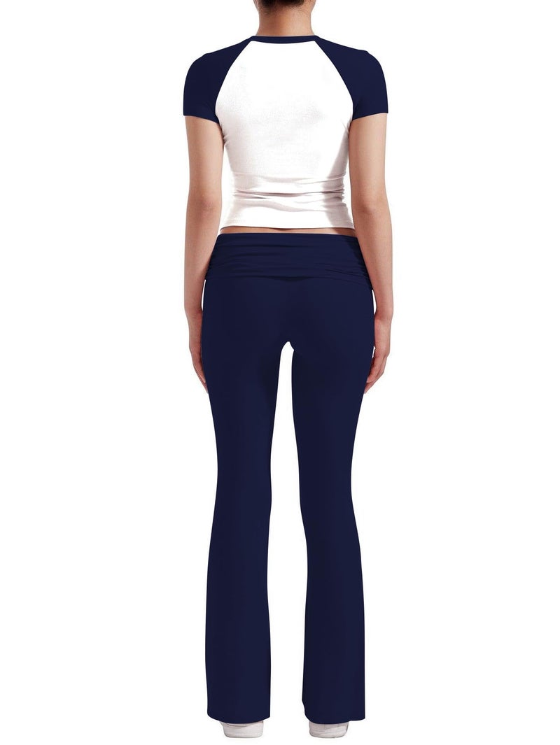 ZFLM Casual Workout Two Piece Outfits for Women Short Sleeve Crop High Waist Foldover Flare Pants Tracksuit Sets Streetwear - Image 2