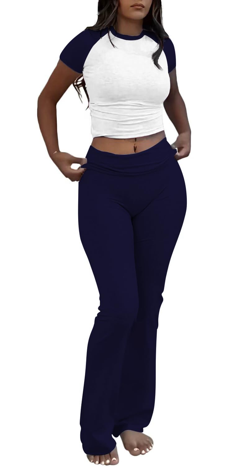 ZFLM Casual Workout Two Piece Outfits for Women Short Sleeve Crop High Waist Foldover Flare Pants Tracksuit Sets Streetwear - Image 1