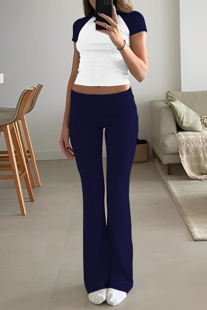 ZFLM Casual Workout Two Piece Outfits for Women Short Sleeve Crop High Waist Foldover Flare Pants Tracksuit Sets Streetwear - Image 4
