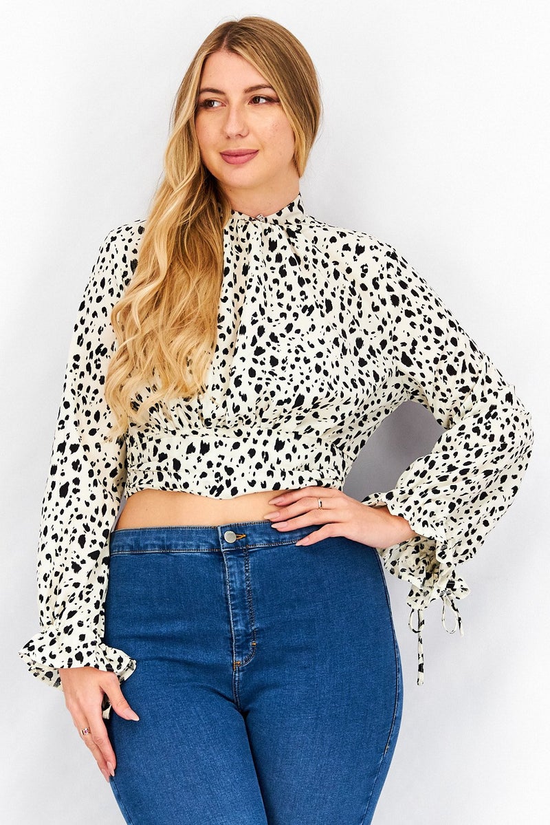 Koco & K Women Band Collar Long Sleeve Allover Print Crop Top, Ivory/Black - Image 1