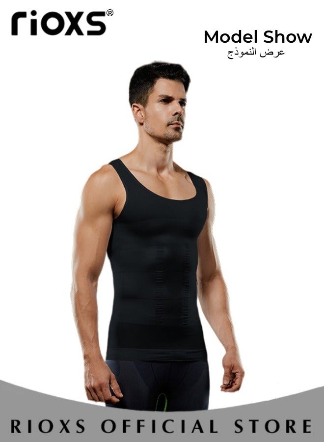 ريوكس سترة نحيفة للرجال، قميص رياضي ناعم ومسامي، سترة ضاغطة نحيفة للرجال، سترة ضيقة نحيفة للبطن، قميص ضيق نحيف للعضلات للتمارين الرياضية واللياقة البدنية والجري وركوب الدراجات وكرة القدم وغيرها، أسود - Image 3