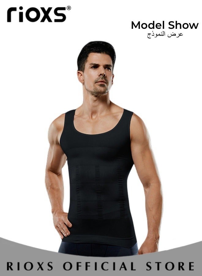 ريوكس سترة نحيفة للرجال، قميص رياضي ناعم ومسامي، سترة ضاغطة نحيفة للرجال، سترة ضيقة نحيفة للبطن، قميص ضيق نحيف للعضلات للتمارين الرياضية واللياقة البدنية والجري وركوب الدراجات وكرة القدم وغيرها، أسود - Image 4