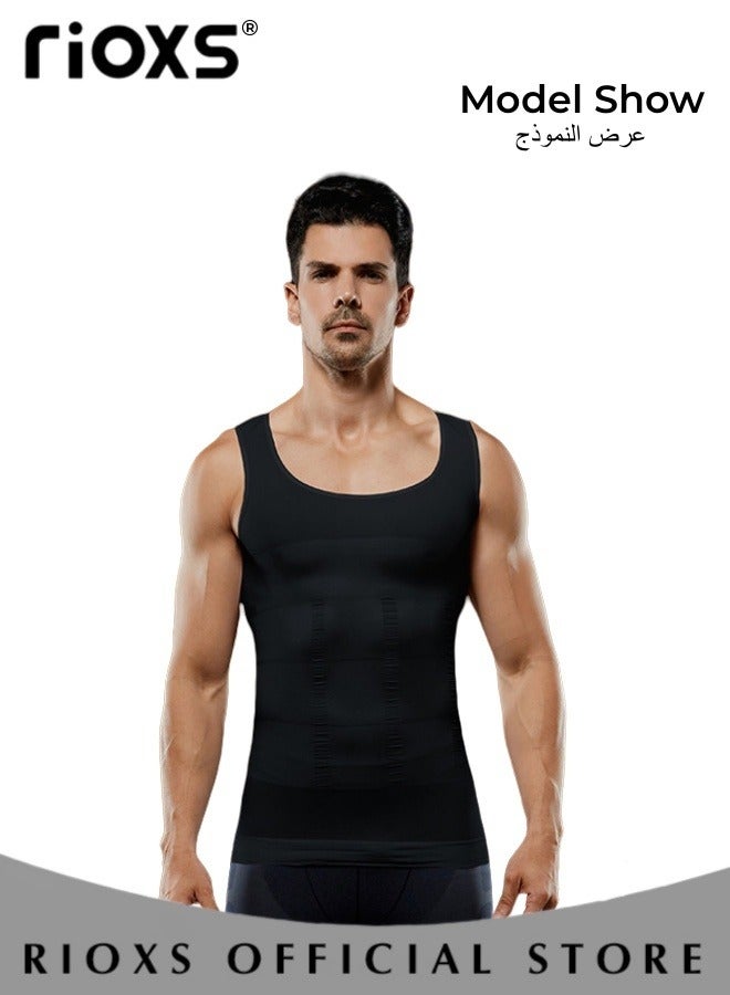 ريوكس سترة نحيفة للرجال، قميص رياضي ناعم ومسامي، سترة ضاغطة نحيفة للرجال، سترة ضيقة نحيفة للبطن، قميص ضيق نحيف للعضلات للتمارين الرياضية واللياقة البدنية والجري وركوب الدراجات وكرة القدم وغيرها، أسود - Image 2