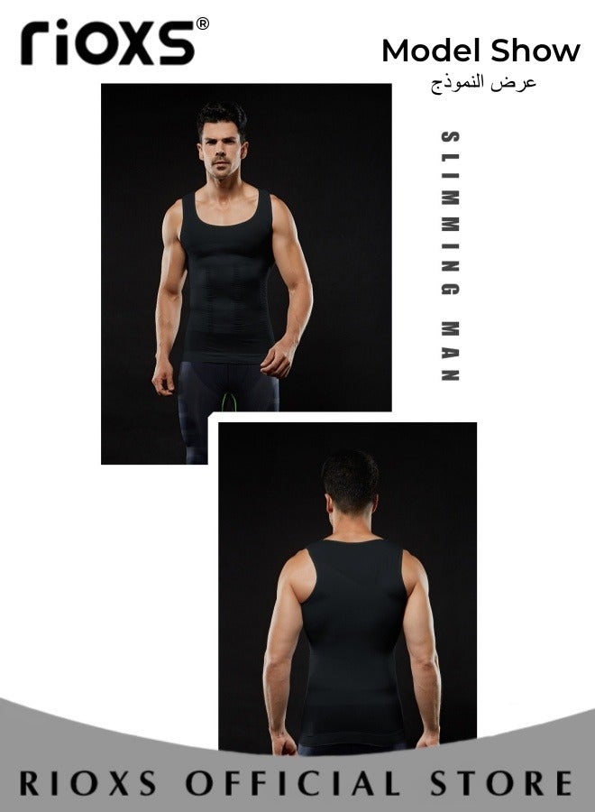 ريوكس سترة نحيفة للرجال، قميص رياضي ناعم ومسامي، سترة ضاغطة نحيفة للرجال، سترة ضيقة نحيفة للبطن، قميص ضيق نحيف للعضلات للتمارين الرياضية واللياقة البدنية والجري وركوب الدراجات وكرة القدم وغيرها، أسود - Image 5