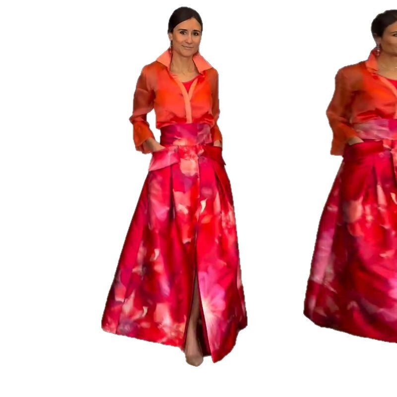قميص نسائي بتصميم ياقة طويل الأكمام مع شق غير متماثل وتنورة طويلة - Image 5