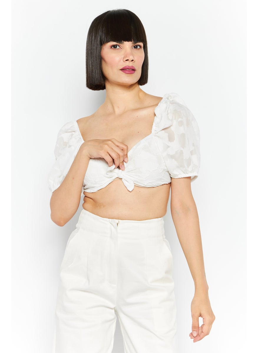 Women Tie Neckline Puffed Sleeve Floral Crop Top, White - pzsku/ZF6CB893DDB5CB4C4D05AZ/45/_/1726067018/ebd3d1da-292f-4724-b7c0-e4ff0ed47d69