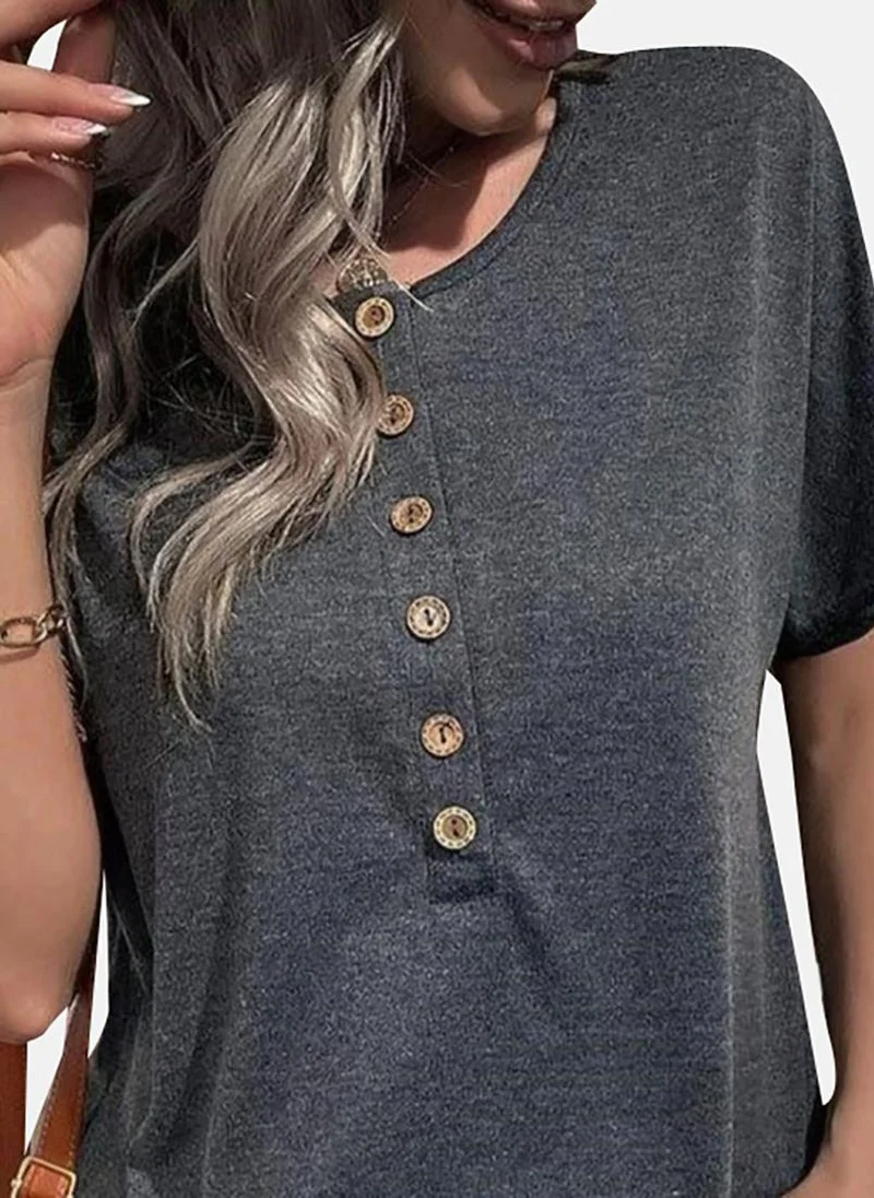 يونيكي Grey Solid Short Sleeve Henley T-Shirt