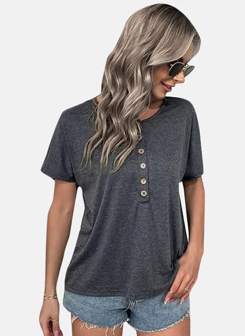يونيكي Grey Solid Short Sleeve Henley T-Shirt